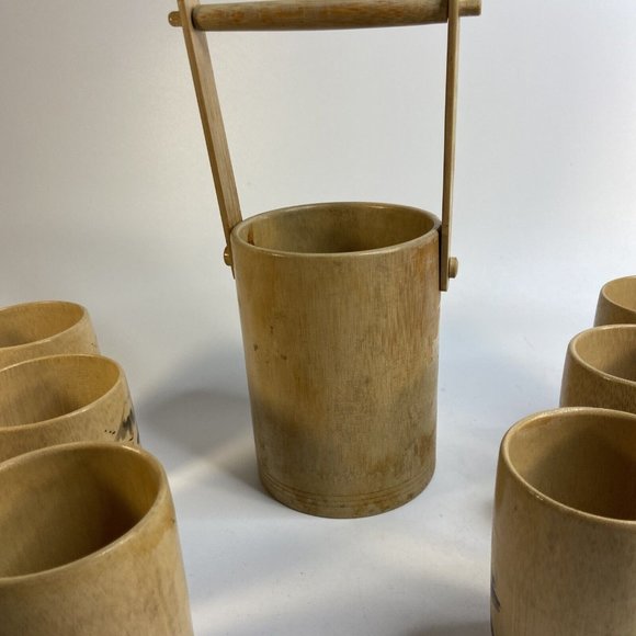 Tiki Bamboo Glasses & Ice Bucket Hand Painted Korean War Souvenir 50's Set of 7 - Picture 7 of 16